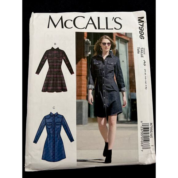 McCall's M7996 Shirt Dress w Patch Pockets, 3-Piece Sleeves Sz 6-14 UNCUT Fitted - Picture 1 of 7